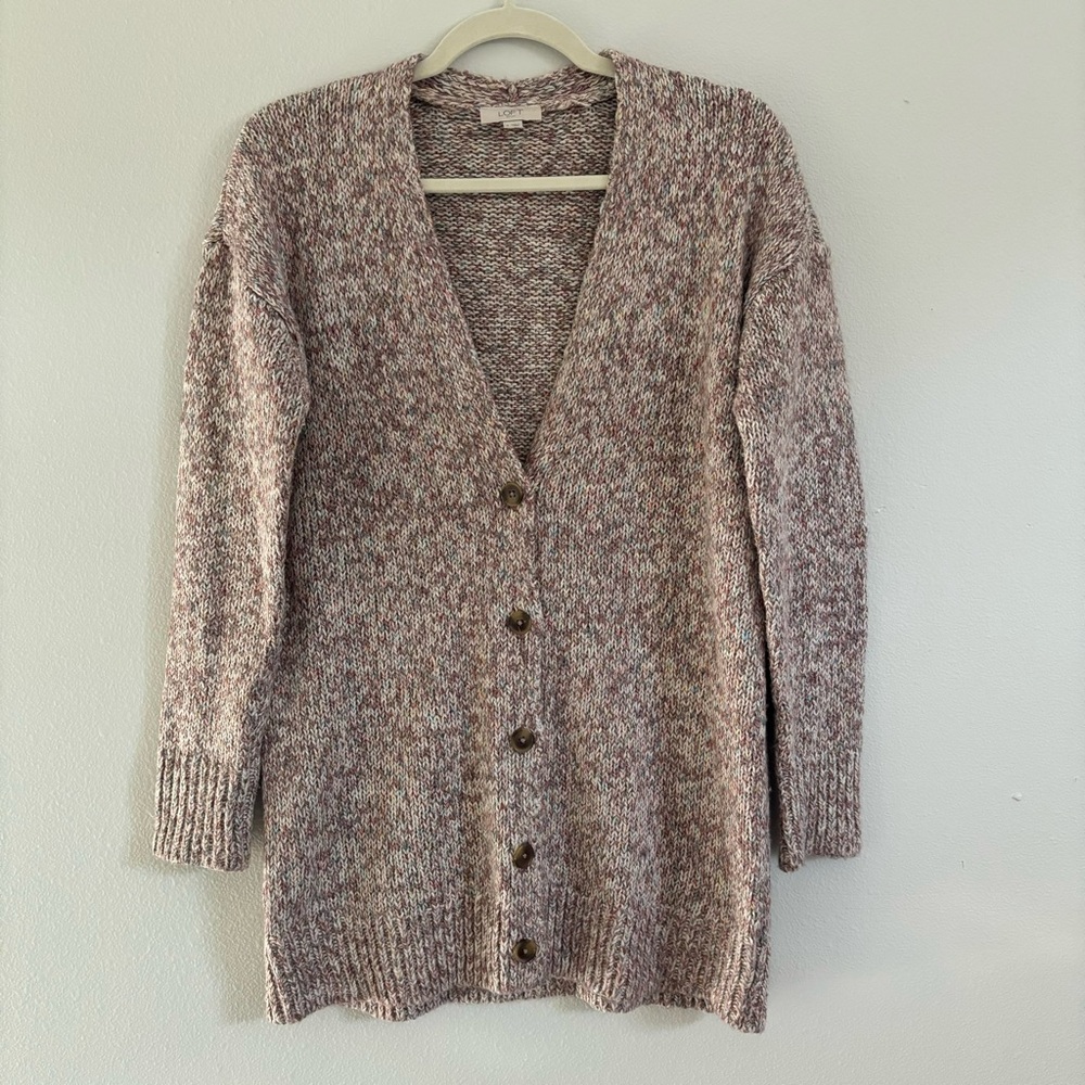 Loft Chunky Cardigan Sweater With Buttons Multicolor Marled Longline Size